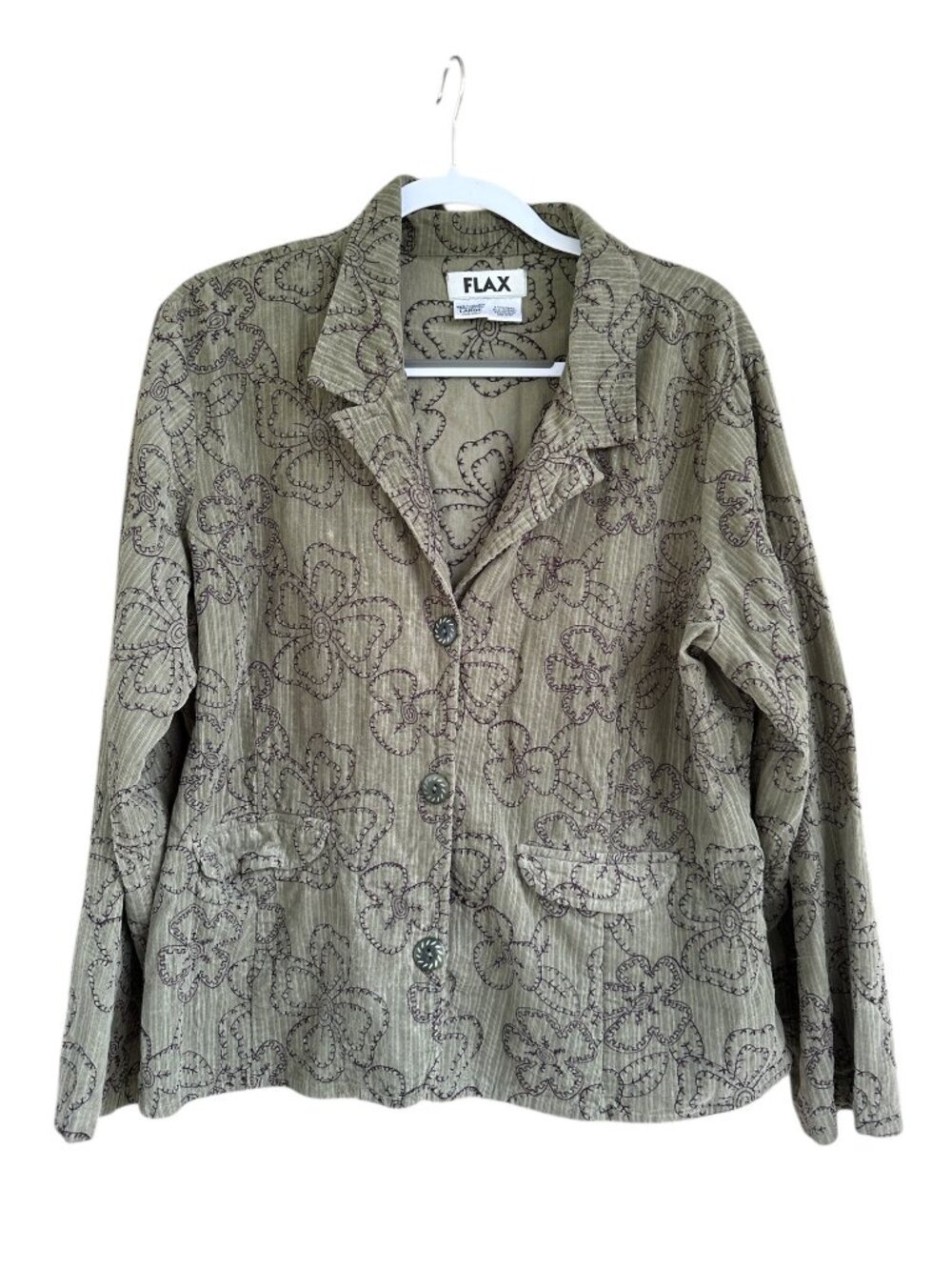 FLAX Cotton Embroidered Floral Blazer Jacket Large Sage Green